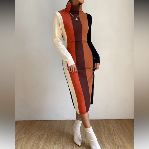 Cozy Color Block Stripe Turtleneck Sweater Dress - Picture 3 of 4